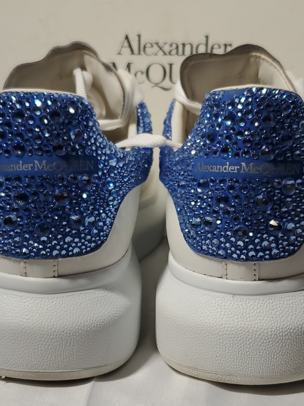 Alexander McQueen White Sneakers with Blue Crystal Heel Tabs